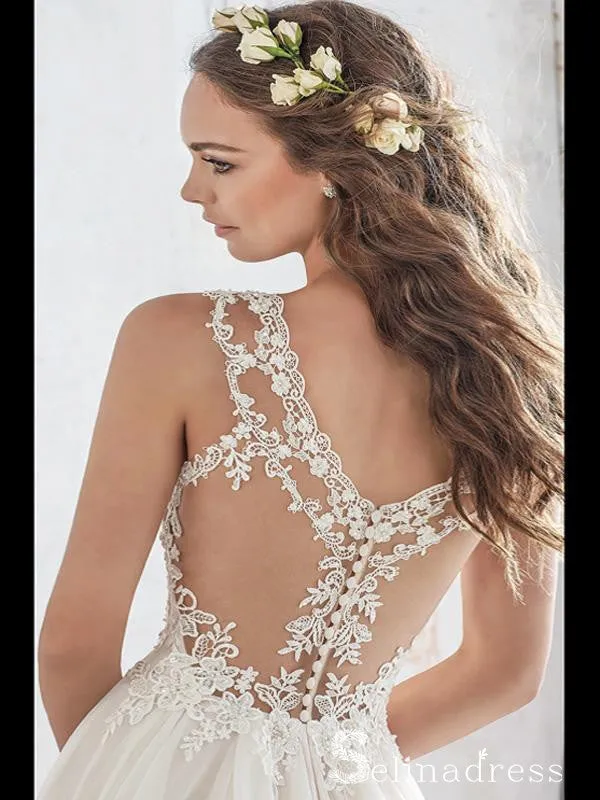 Romantic See Through Wedding Dresses Ivory Lace Wedding Gown SEW034