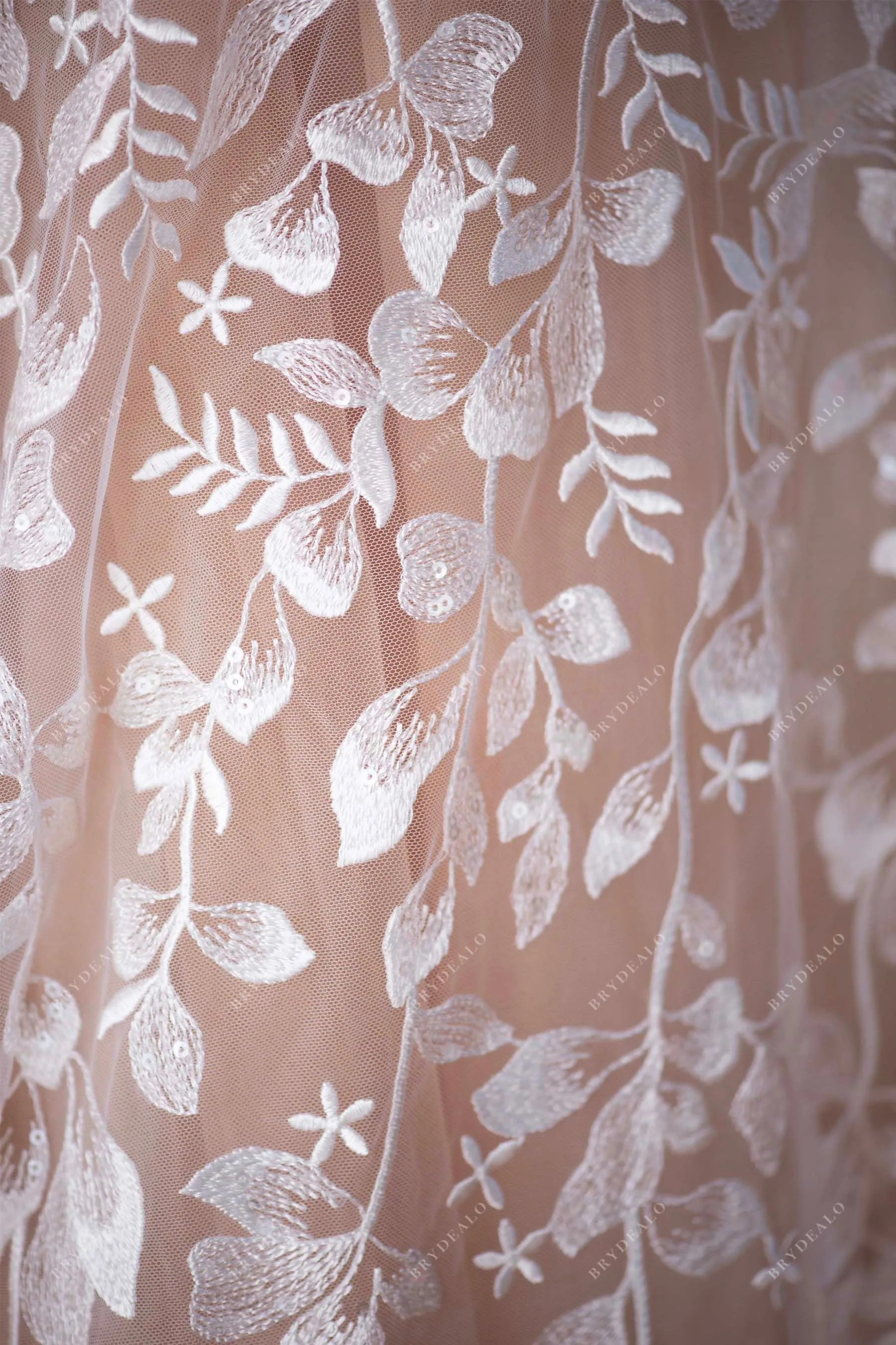 Shimmery Sequined Flower Leaf Lace Fabric for Romantic Dresses
