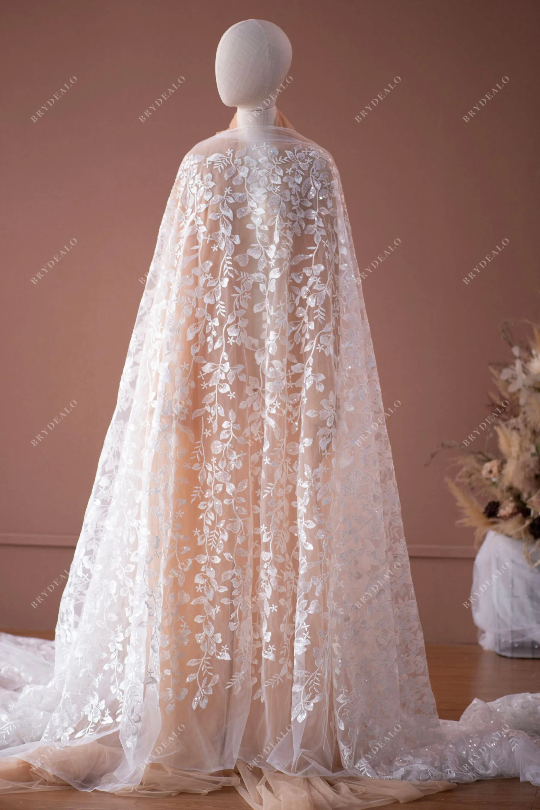 Shimmery Sequined Flower Leaf Lace Fabric for Romantic Dresses