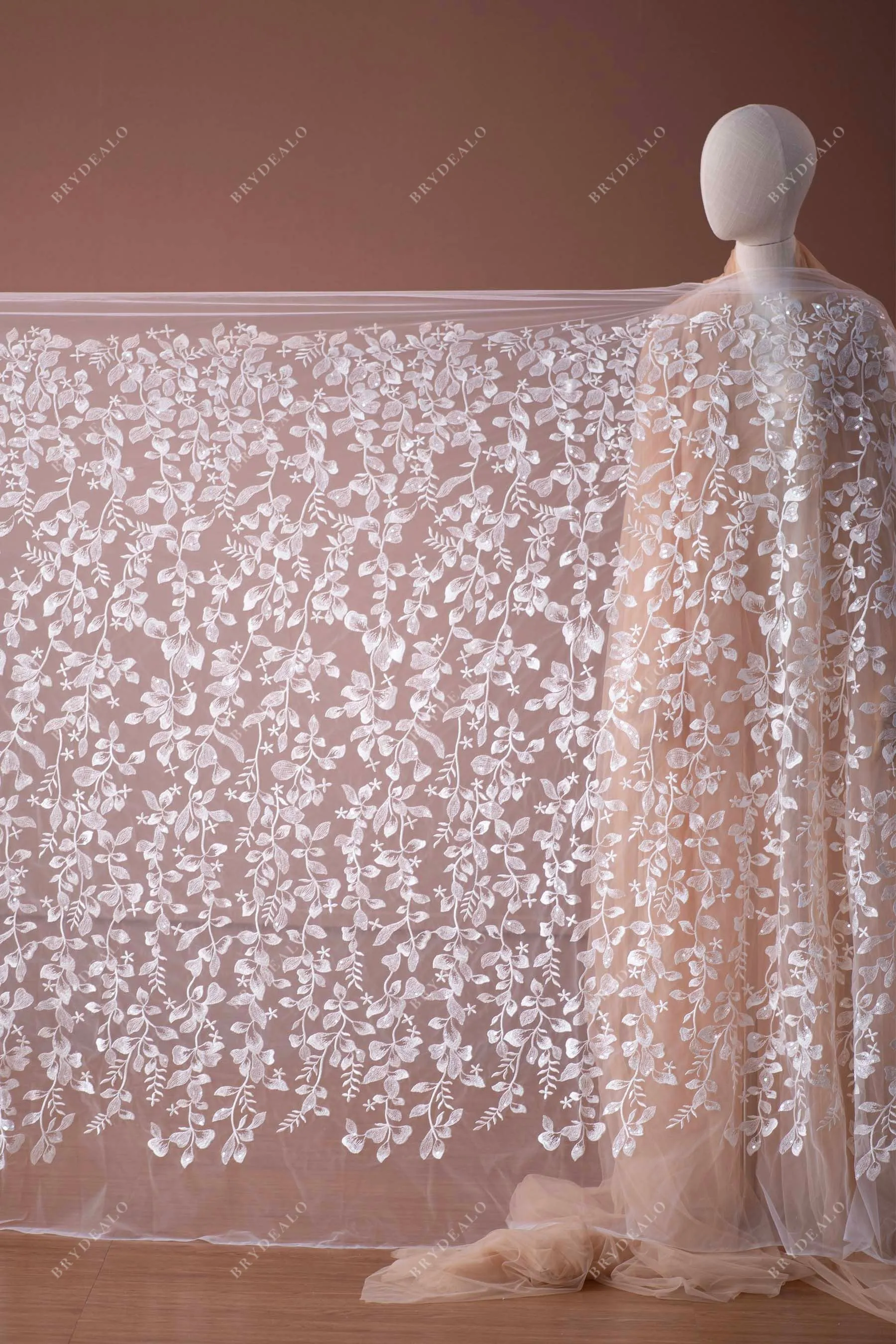 Shimmery Sequined Flower Leaf Lace Fabric for Romantic Dresses