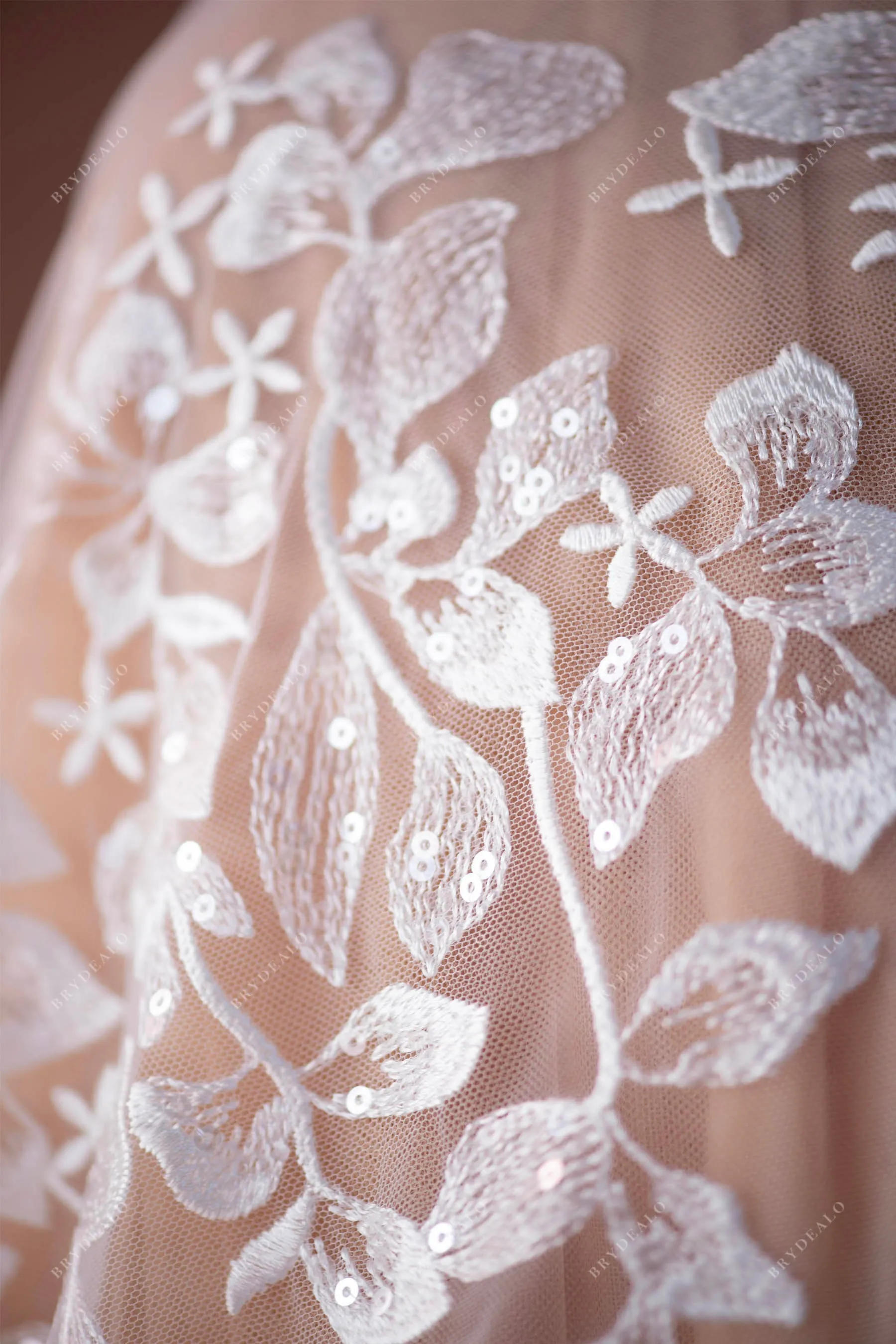 Shimmery Sequined Flower Leaf Lace Fabric for Romantic Dresses
