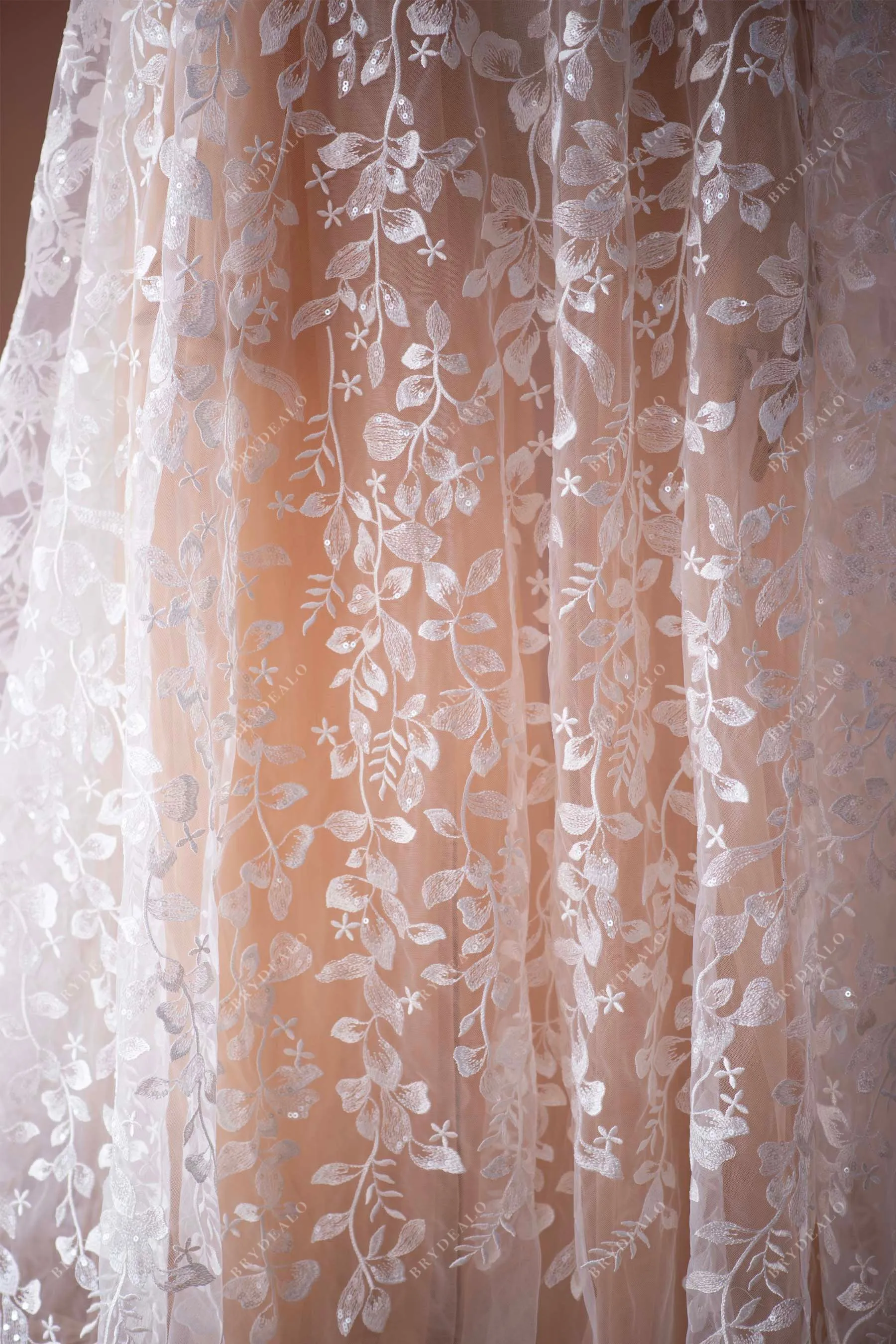 Shimmery Sequined Flower Leaf Lace Fabric for Romantic Dresses