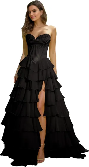 Strapless Corset Floral Prom Dresses for Women 2025 Long Tiered Ruffle Chiffon Formal Evening Gown with Slit EA033