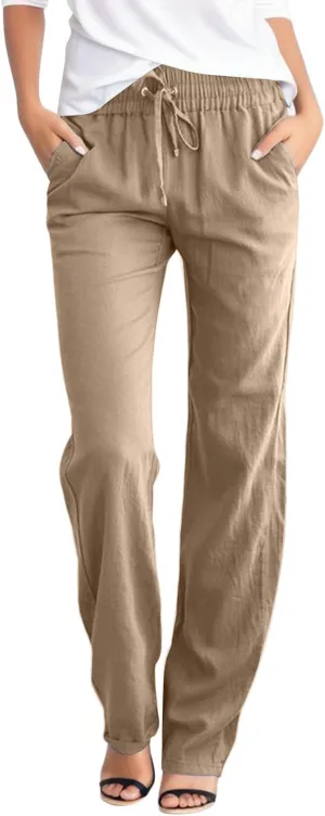 Summer Linen Pants Women Casual Dressy High Waist Straight Leg Pants Business Work Pants Vacation Beach Trousers Pockets
