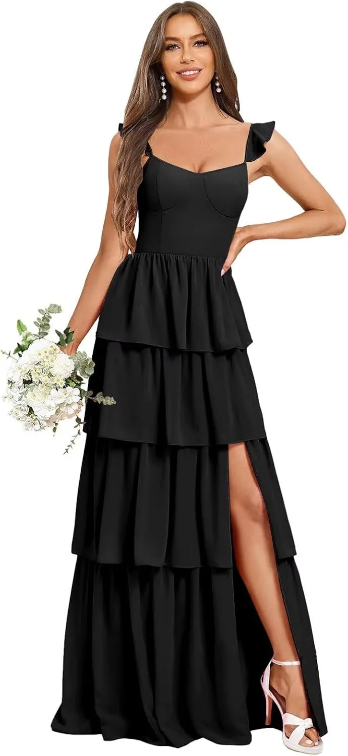 Tiered Bridesmaid Dresses for Women Spaghetti Strap Chiffon Long Formal Evening Dresses with Slit