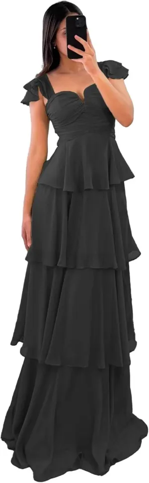 Tiered Ruffle Bridesmaid Dresses Long Off The Shoulder Chiffon Prom Evening Dresses for Women