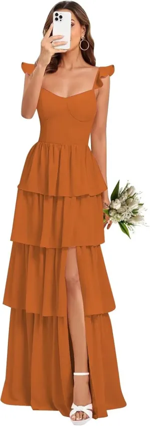 Tiered Ruffles Bridesmaid Dresses for Women 2025 Chiffon Formal Evening Dresses with Slit