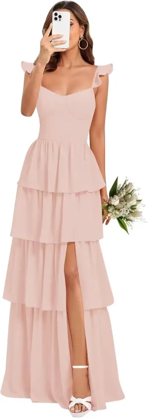 Tiered Ruffles Bridesmaid Dresses for Women 2025 Chiffon Formal Evening Dresses with Slit
