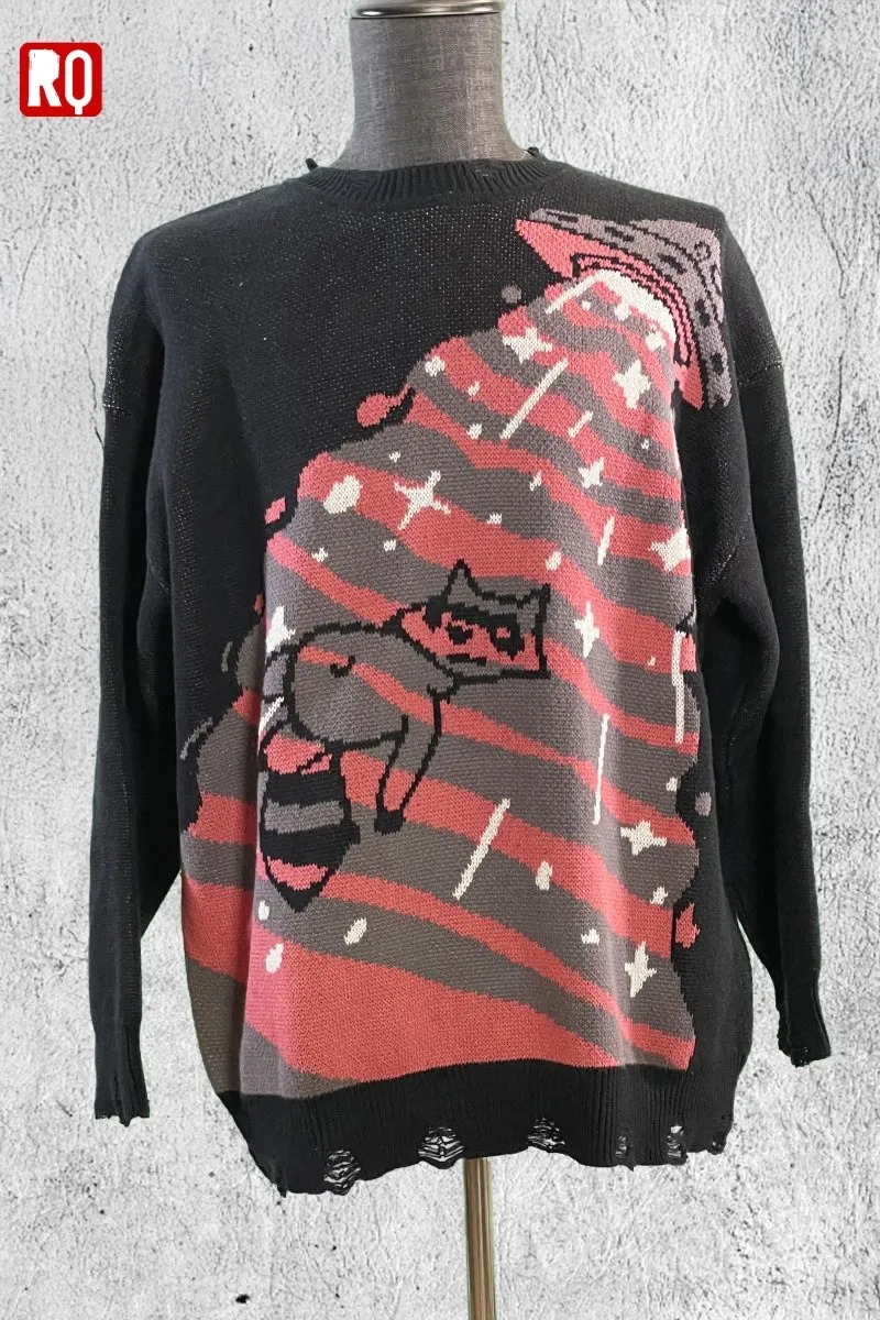 UFO takes Raccoon Knitted distressed sweater