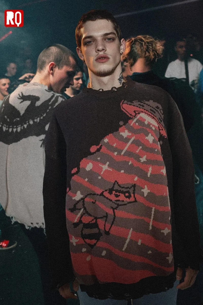 UFO takes Raccoon Knitted distressed sweater