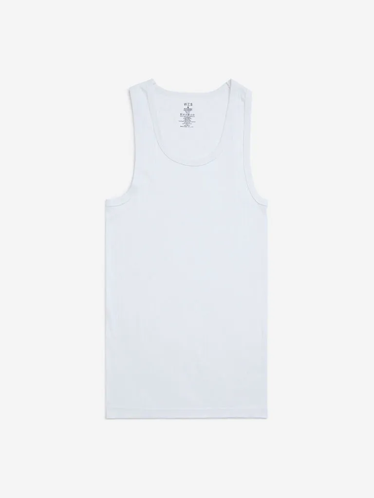 WES Lounge White Self-Textured Cotton Vests - Pack of 2