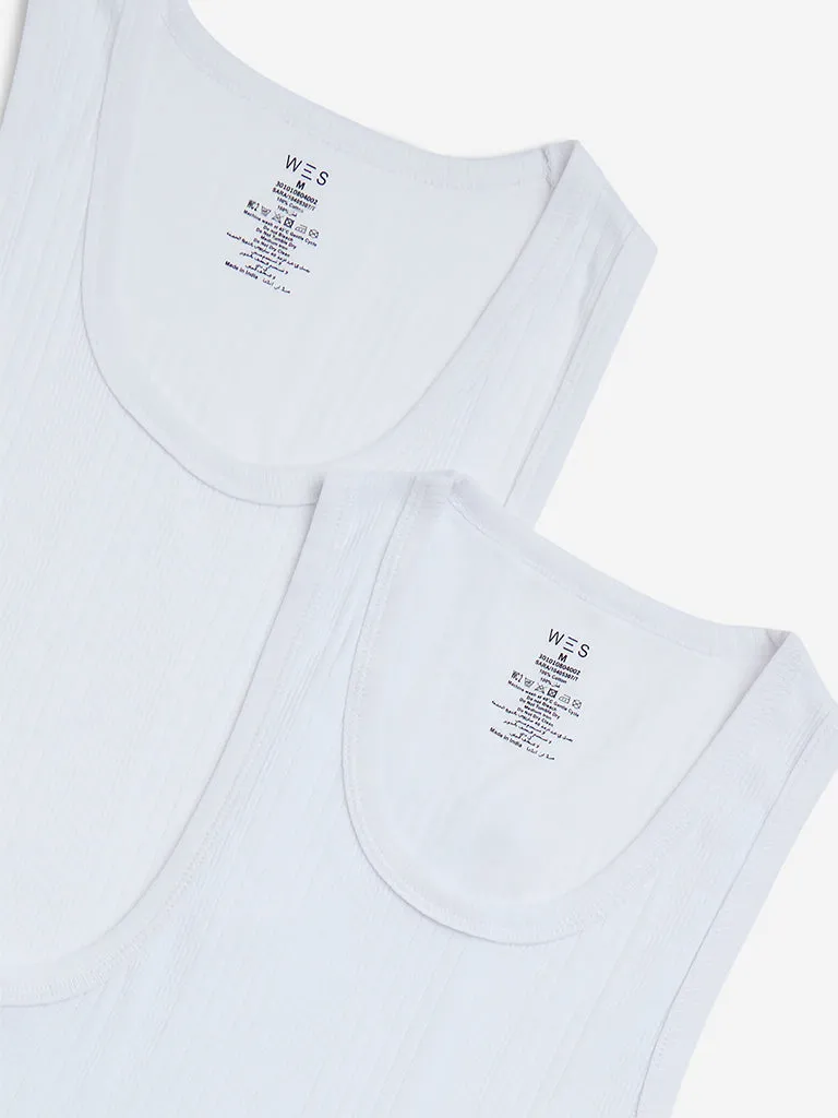 WES Lounge White Self-Textured Cotton Vests - Pack of 2