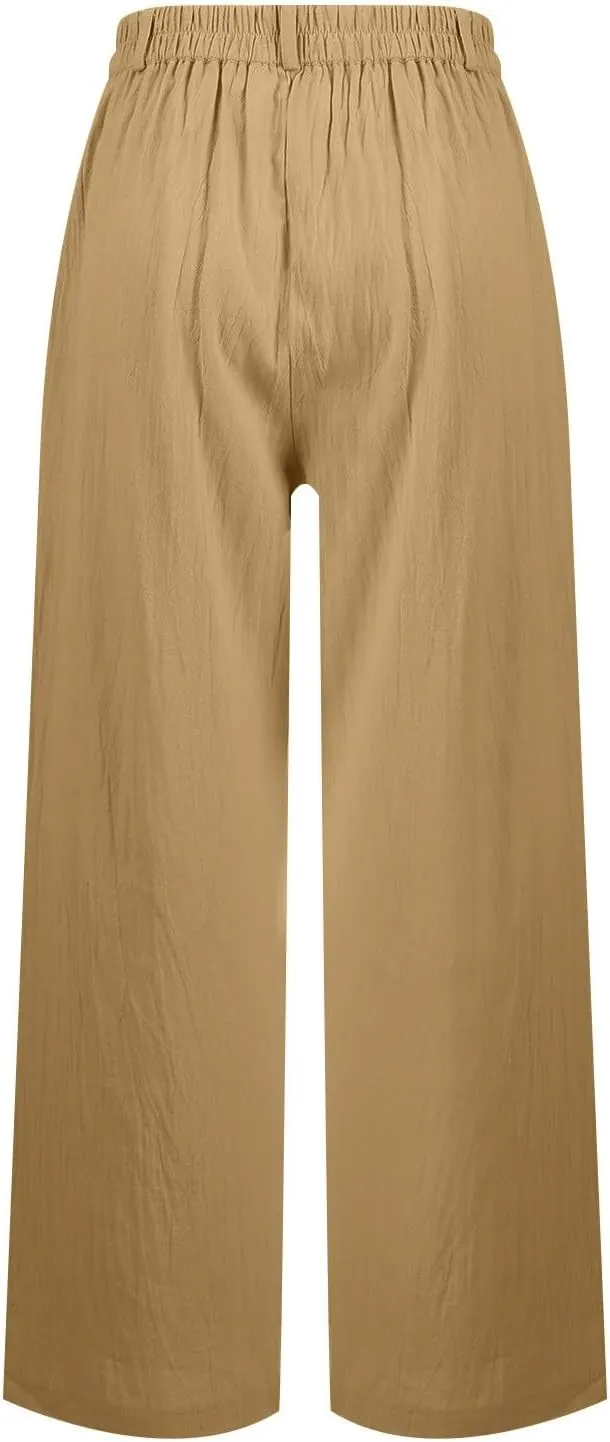 Wide Leg Linen Pants Women Summer Boho Beach Pants Business Work Office Pants Cotton High Waisted Palazzo Dress Pants