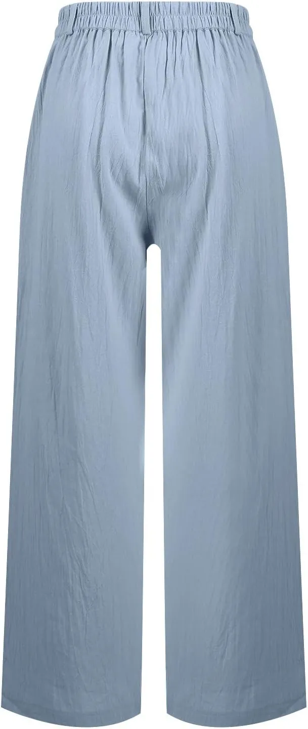 Wide Leg Linen Pants Women Summer Boho Beach Pants Business Work Office Pants Cotton High Waisted Palazzo Dress Pants