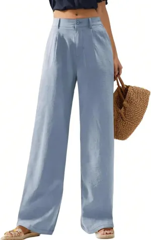 Wide Leg Linen Pants Women Summer Boho Beach Pants Business Work Office Pants Cotton High Waisted Palazzo Dress Pants
