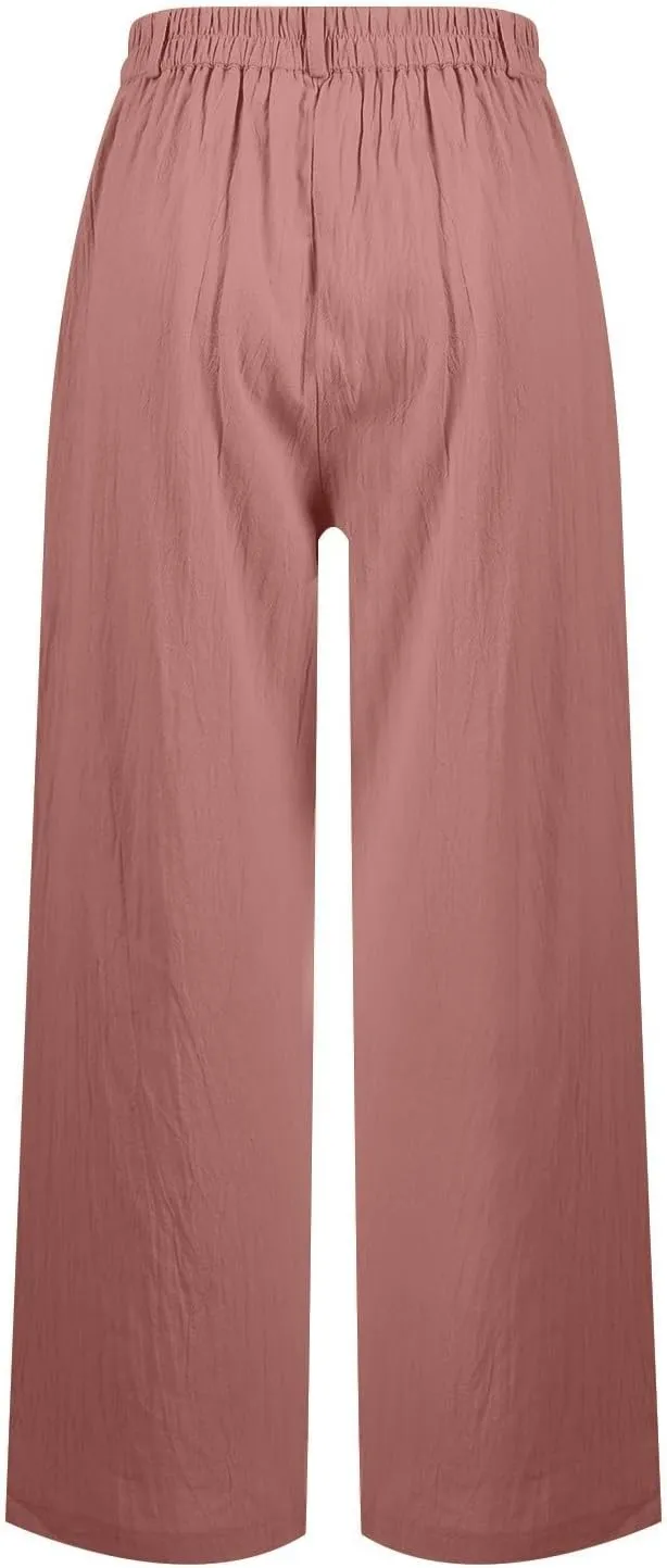 Wide Leg Linen Pants Women Summer Boho Beach Pants Business Work Office Pants Cotton High Waisted Palazzo Dress Pants