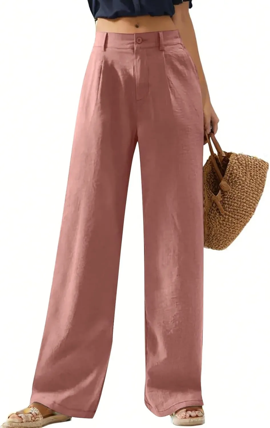 Wide Leg Linen Pants Women Summer Boho Beach Pants Business Work Office Pants Cotton High Waisted Palazzo Dress Pants