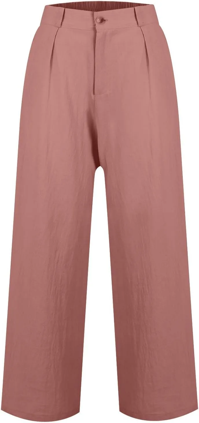 Wide Leg Linen Pants Women Summer Boho Beach Pants Business Work Office Pants Cotton High Waisted Palazzo Dress Pants