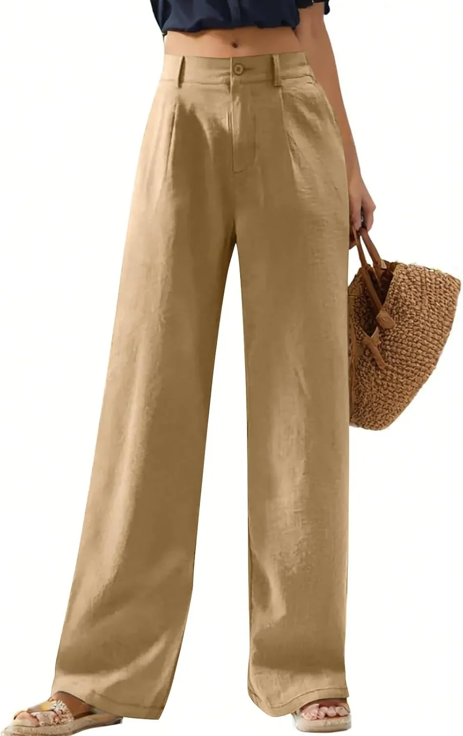 Wide Leg Linen Pants Women Summer Boho Beach Pants Business Work Office Pants Cotton High Waisted Palazzo Dress Pants
