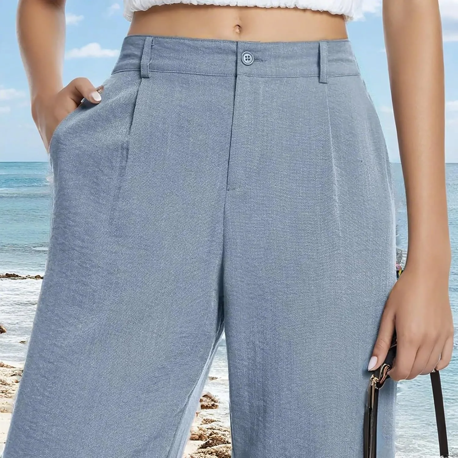 Wide Leg Linen Pants Women Summer Boho Beach Pants Business Work Office Pants Cotton High Waisted Palazzo Dress Pants