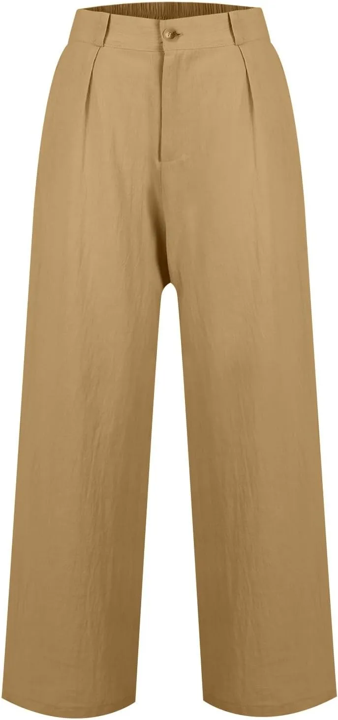 Wide Leg Linen Pants Women Summer Boho Beach Pants Business Work Office Pants Cotton High Waisted Palazzo Dress Pants
