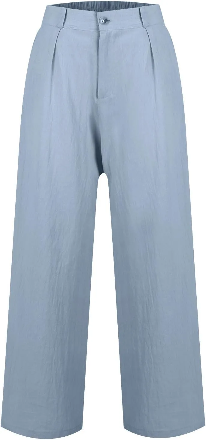 Wide Leg Linen Pants Women Summer Boho Beach Pants Business Work Office Pants Cotton High Waisted Palazzo Dress Pants
