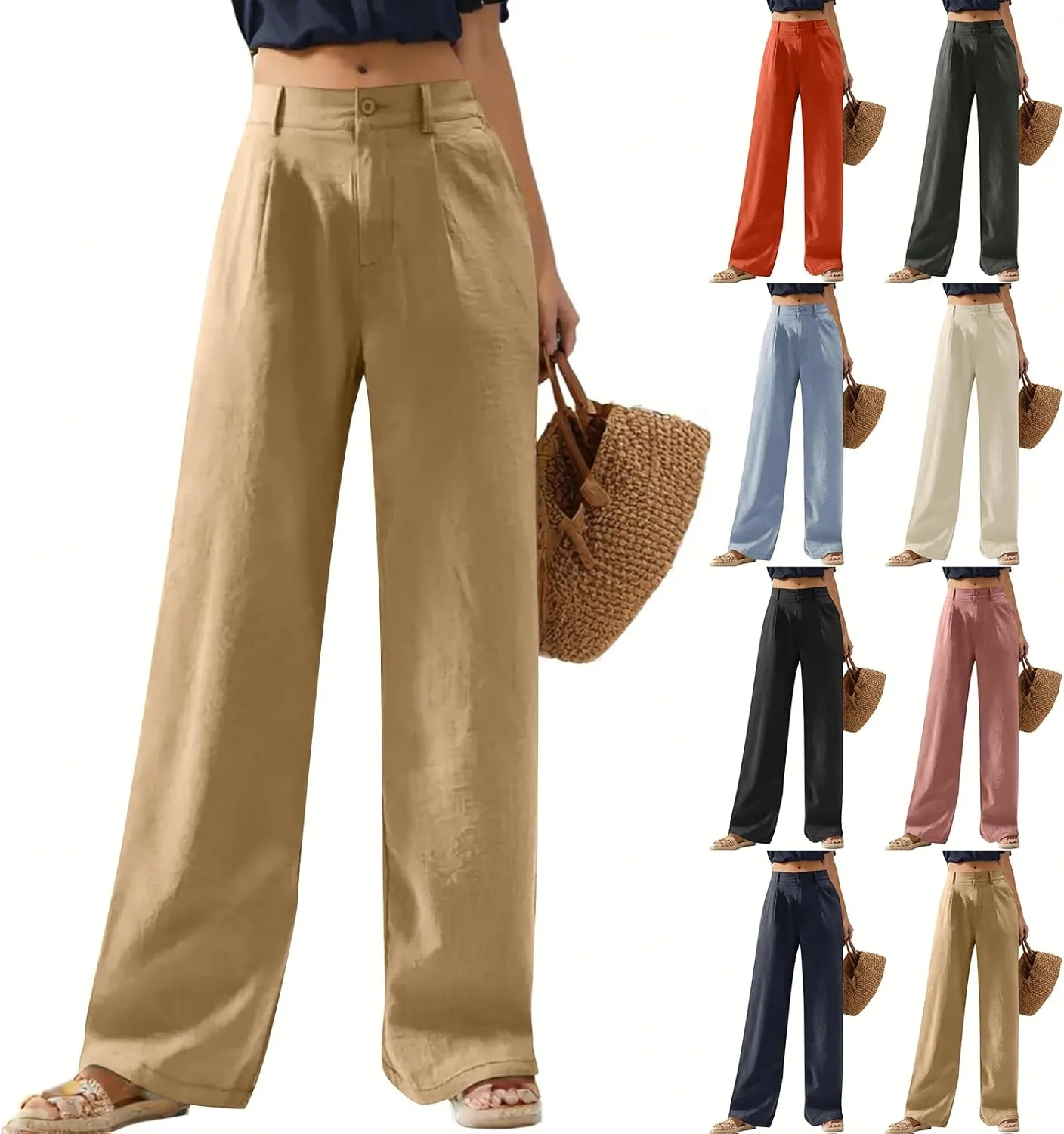 Wide Leg Linen Pants Women Summer Boho Beach Pants Business Work Office Pants Cotton High Waisted Palazzo Dress Pants