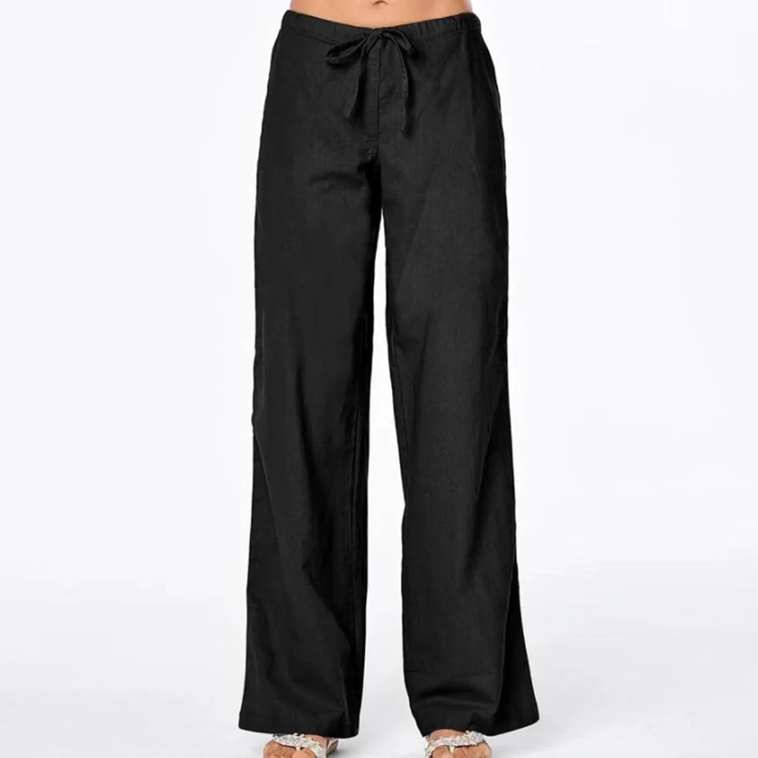 Women Linen Pants Summer Lightweight Wide Leg Trousers Drawstring Low Waisted Palazzo Pants with Pockets