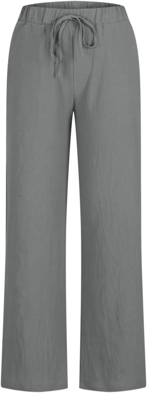Women Linen Pants Summer Lightweight Wide Leg Trousers Drawstring Low Waisted Palazzo Pants with Pockets