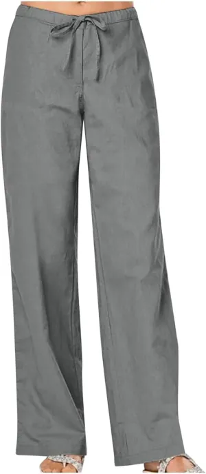Women Linen Pants Summer Lightweight Wide Leg Trousers Drawstring Low Waisted Palazzo Pants with Pockets