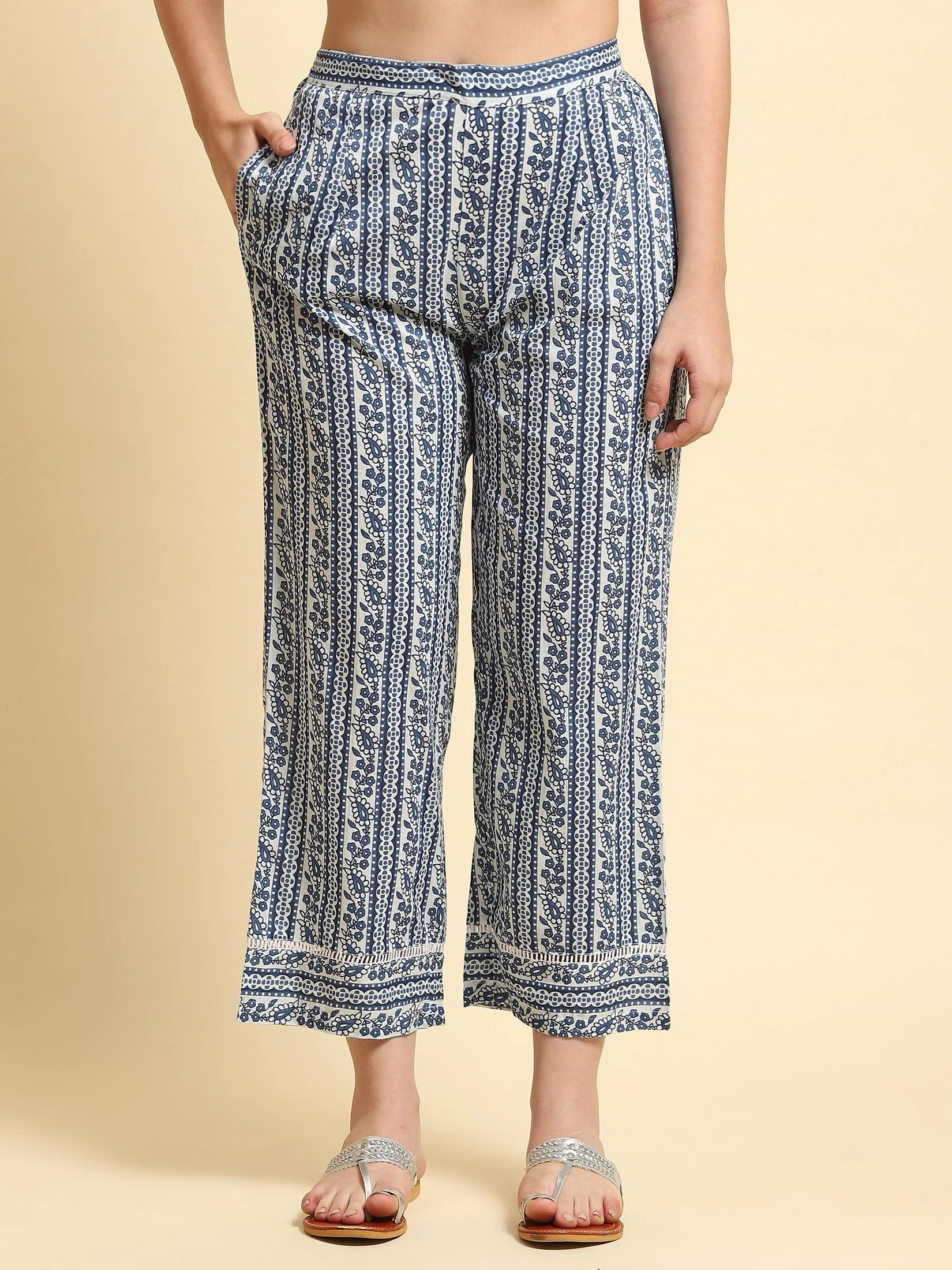 Women Navy Blue Floral Printed Jacket Inner Trouser