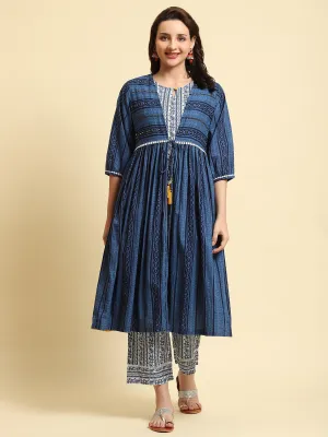 Women Navy Blue Floral Printed Jacket Inner Trouser