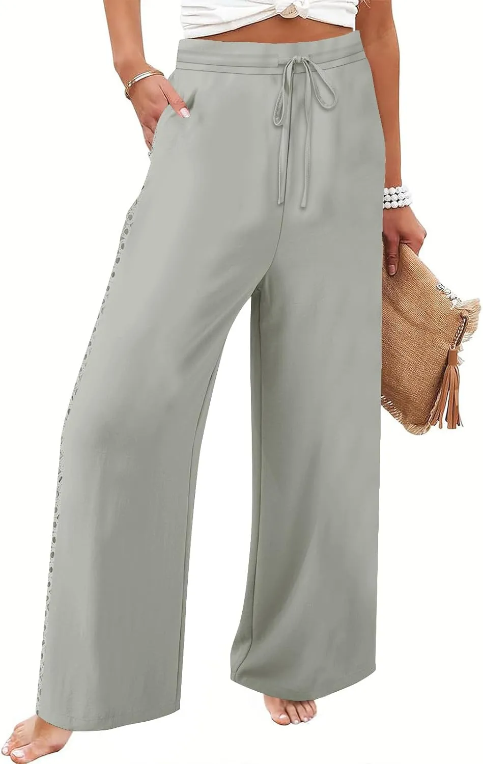 Womens Casual Cotton Linen Pants Trendy Drawstring Side Hollow Trousers Summer Vacation Lounge Travel Outfits 2025