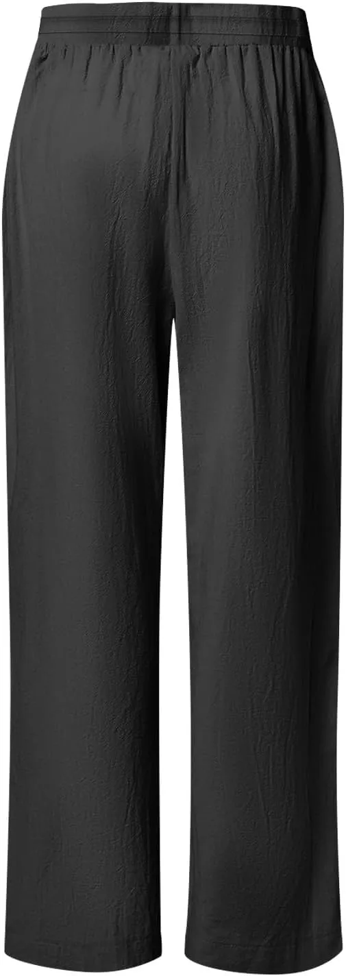 Womens Casual Cotton Linen Pants Trendy Drawstring Side Hollow Trousers Summer Vacation Lounge Travel Outfits 2025