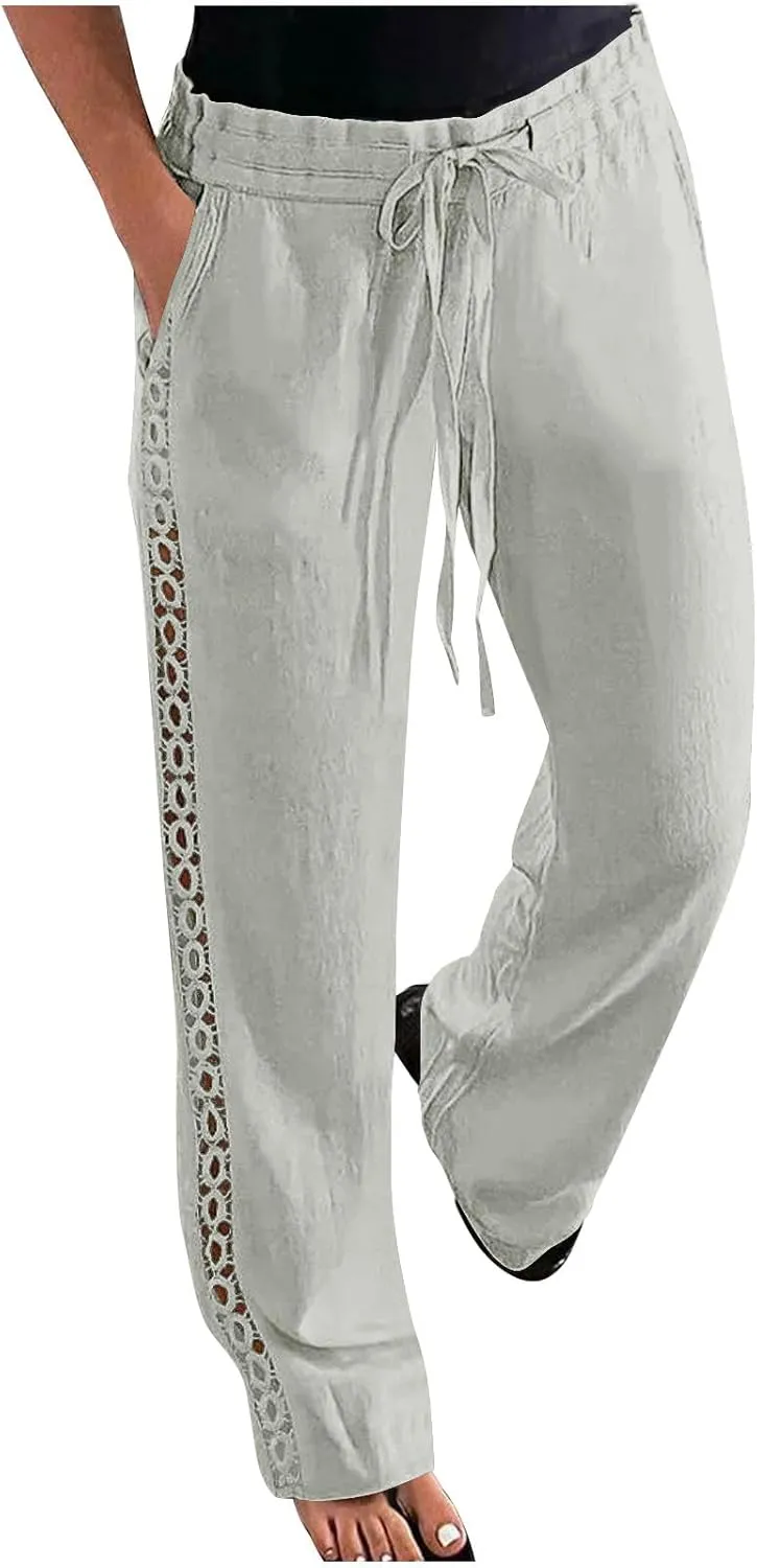 Womens Casual Cotton Linen Pants Trendy Drawstring Side Hollow Trousers Summer Vacation Lounge Travel Outfits 2025