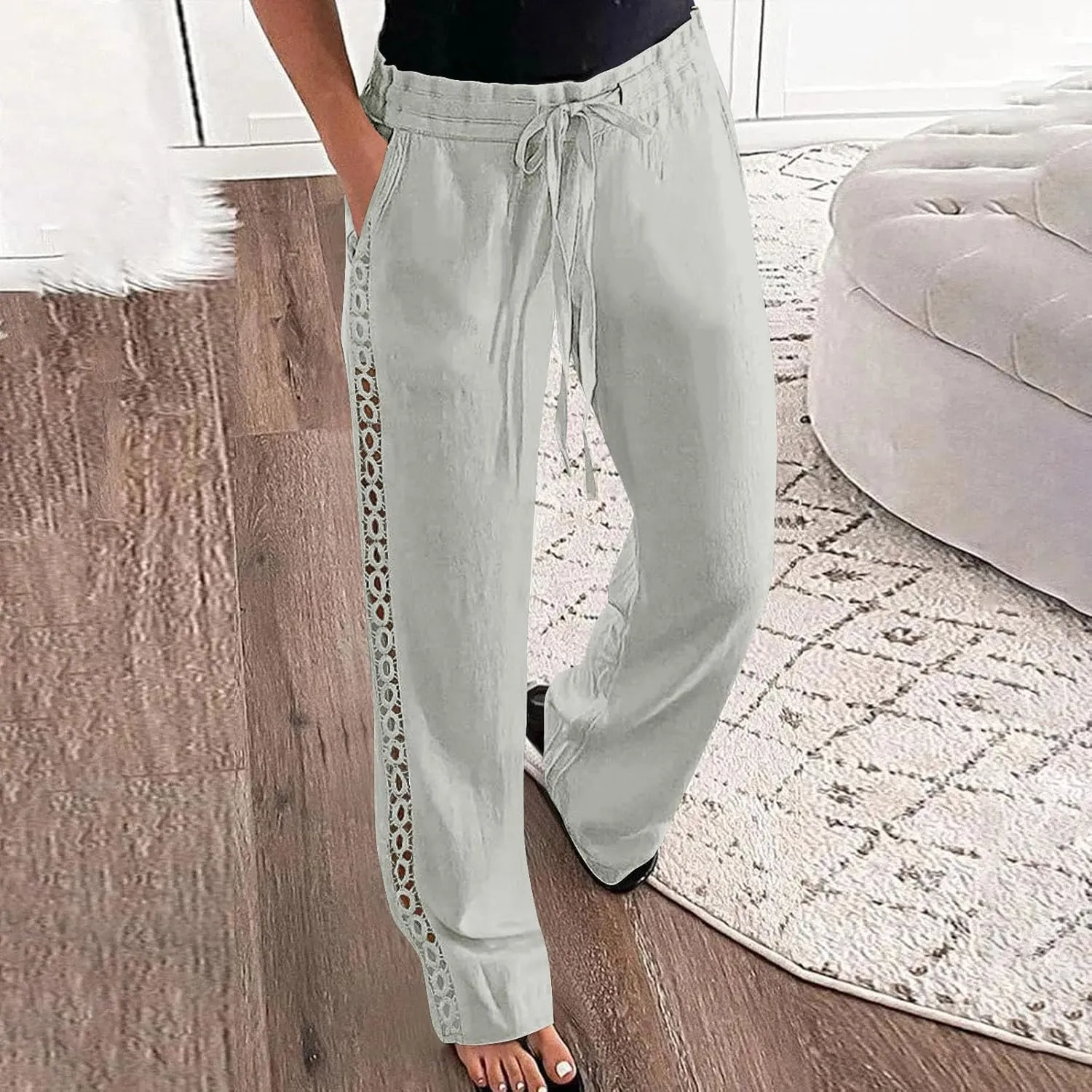 Womens Casual Cotton Linen Pants Trendy Drawstring Side Hollow Trousers Summer Vacation Lounge Travel Outfits 2025