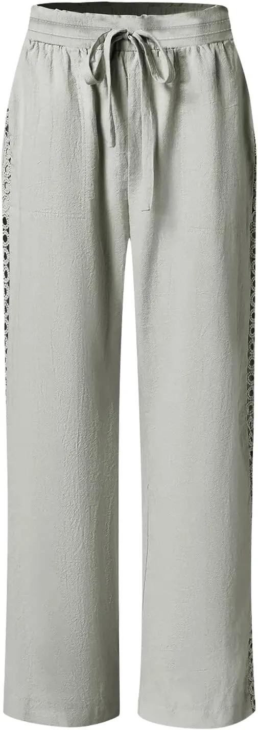 Womens Casual Cotton Linen Pants Trendy Drawstring Side Hollow Trousers Summer Vacation Lounge Travel Outfits 2025