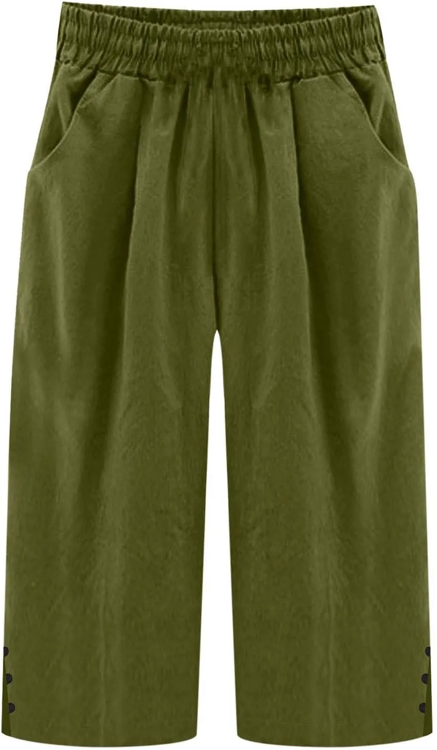 Womens Cotton Linen Pants Casual Straight Leg Pant Summer Trendy Elastic High Waist Wide Leg Trousers with Slit Hem