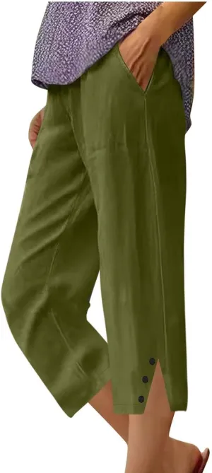 Womens Cotton Linen Pants Casual Straight Leg Pant Summer Trendy Elastic High Waist Wide Leg Trousers with Slit Hem