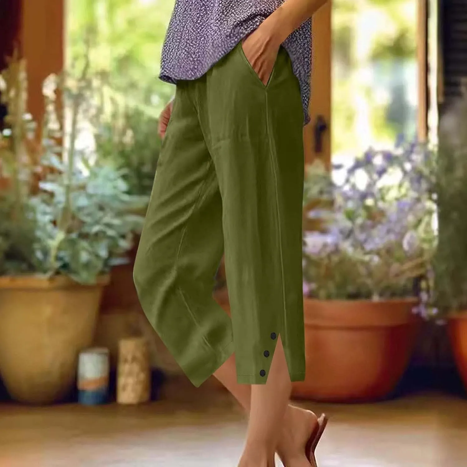 Womens Cotton Linen Pants Casual Straight Leg Pant Summer Trendy Elastic High Waist Wide Leg Trousers with Slit Hem